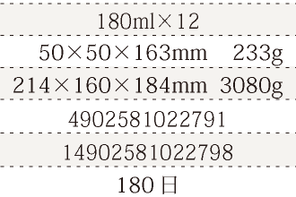 規格180ml×12、単品サイズ・重量50×50×163mm    233g、ケースサイズ・重量214×160×184mm  3080g、JAN4902581022791、ITF/GTIN14902581022798、賞味期間180日