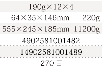 規格190g×12×4、単品サイズ・重量64×35×146mm      220g、ケースサイズ・重量555×245×185mm  11200g、JAN4902581001482、ITF/GTIN14902581001489、賞味期間180日