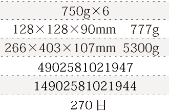 規格750g×6、単品サイズ・重量128×128×90mm    777g、ケースサイズ・重量397×267×97mm  5300g、JAN4902581021947、ITF/GTIN14902581021944、賞味期間180日