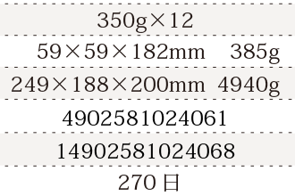 規格350g×12、単品サイズ・重量59×59×182mm    385g、ケースサイズ・重量249×188×200mm  4940g、JAN4902581024061、ITF/GTIN14902581024068、賞味期間180日