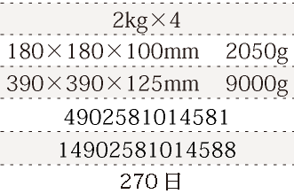 規格2kg×4、単品サイズ・重量180×180×100mm    2050g、ケースサイズ・重量390×390×125mm    9000g、JAN4902581014581、ITF/GTIN14902581014588、賞味期間180日