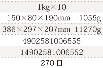 規格1kg×10、単品サイズ・重量150×80×190mm    1055g、ケースサイズ・重量386×297×207mm  11270g、JAN4902581006555、ITF/GTIN14902581006552、賞味期間180日