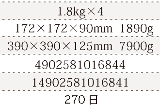 規格1.8kg×4、単品サイズ・重量172×172×90mm  1890g、ケースサイズ・重量390×390×125mm  7900g、JAN4902581016844、ITF/GTIN14902581016841、賞味期間180日