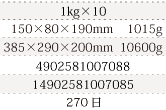 規格1kg×10、単品サイズ・重量150×80×190mm    1015g、ケースサイズ・重量385×290×200mm  10600g、JAN4902581007088、ITF/GTIN14902581007085、賞味期間180日