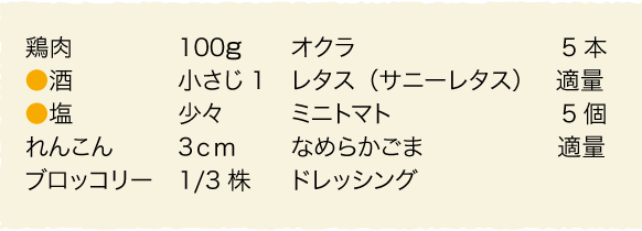 鶏肉：100ｇ、酒：小さじ1、塩：少々、れんこん：3ｃｍ、ブロッコリー：1/3株、オクラ：5本、レタス（サニーレタス）：適量、ミニトマト：5個、なめらかごまドレッシング：適量