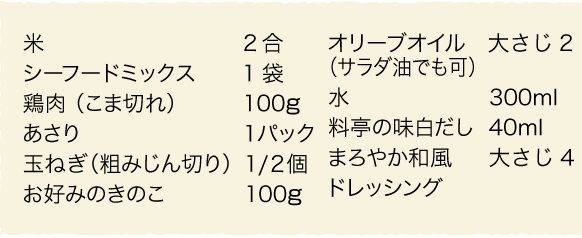 米： 2合シーフードミックス：1袋、鶏肉（こま切れ）：100ｇ、あさり：1パック、玉ねぎ（粗みじん切り）：1/２個、お好みのきのこ：100ｇ、オリーブオイル（サラダ油でも可）：大さじ2、水：300ml、料亭の味白だし：40ml、まろやか和風ドレッシング：大さじ4