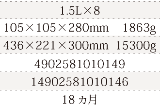 規格1.5L×8、単品サイズ・重量105×105×280mm    1863g、ケースサイズ・重量436×221×300mm  15300g、JAN4902581010149、ITF/GTIN14902581010146、賞味期間18ヵ月