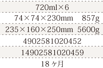 規格720ml×6、単品サイズ・重量74×74×230mm    857g、ケースサイズ・重量235×160×250mm  5600g、JAN4902581020452、ITF/GTIN14902581020459、賞味期間12ヵ月
