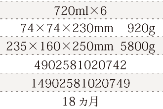 規格720ml×6、単品サイズ・重量74×74×230mm    920g、ケースサイズ・重量235×160×250mm  5800g、JAN4902581020742、ITF/GTIN14902581020749、賞味期間18ヵ月