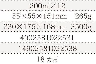 規格200ml×12、単品サイズ・重量61×61×150mm    286g、ケースサイズ・重量250×188×172mm  3810g、JAN4902581021060、ITF/GTIN14902581021067、賞味期間18 ヵ月