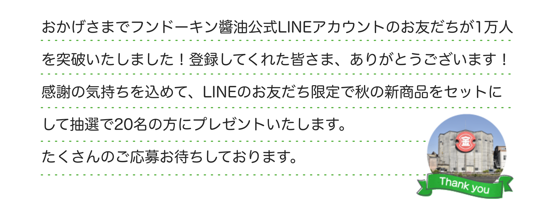 おかげさまでフンドーキン醬油公式LINEアカウントのお友だちが1万人を突破いたしました！登録してくれた皆さま、ありがとうございます！感謝の気持ちを込めて、LINEのお友だち限定で秋の新商品をセットにして抽選で20名の方にプレゼントいたします。たくさんのご応募お待ちしております。