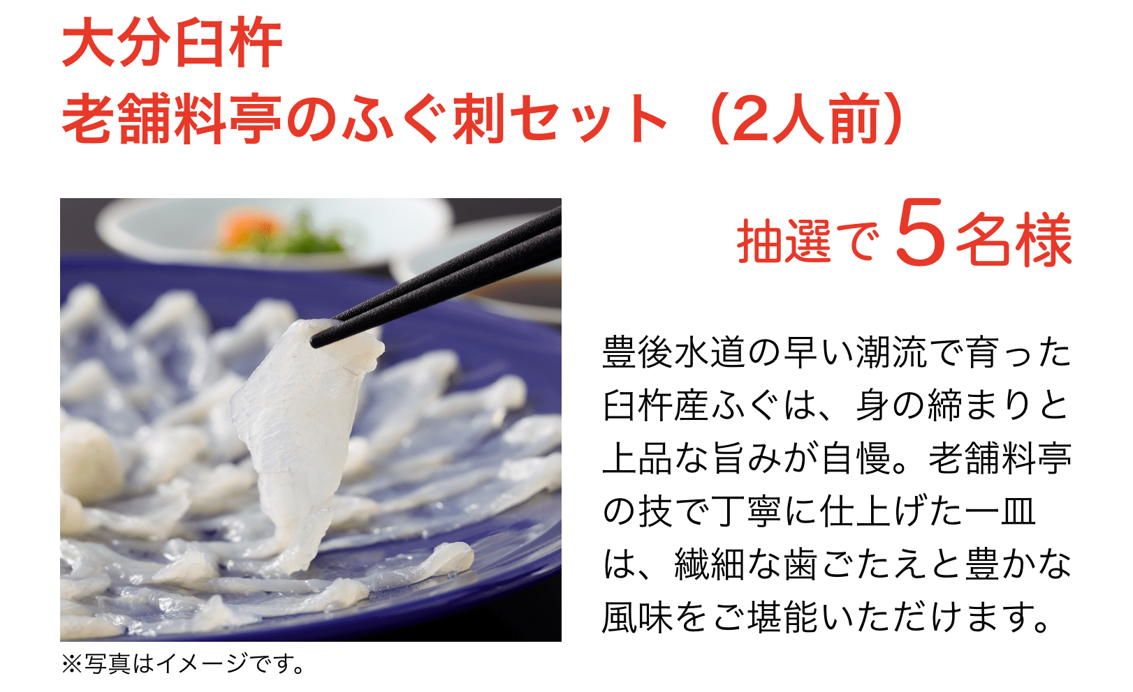大分臼杵老舗料亭のふぐ刺セット（2人前）：豊後水道の早い潮流で育った臼杵産ふぐは、身の締まりと上品な旨みが自慢。老舗料亭の技で丁寧に仕上げた一皿は、繊細な歯ごたえと豊かな風味をご堪能いただけます。