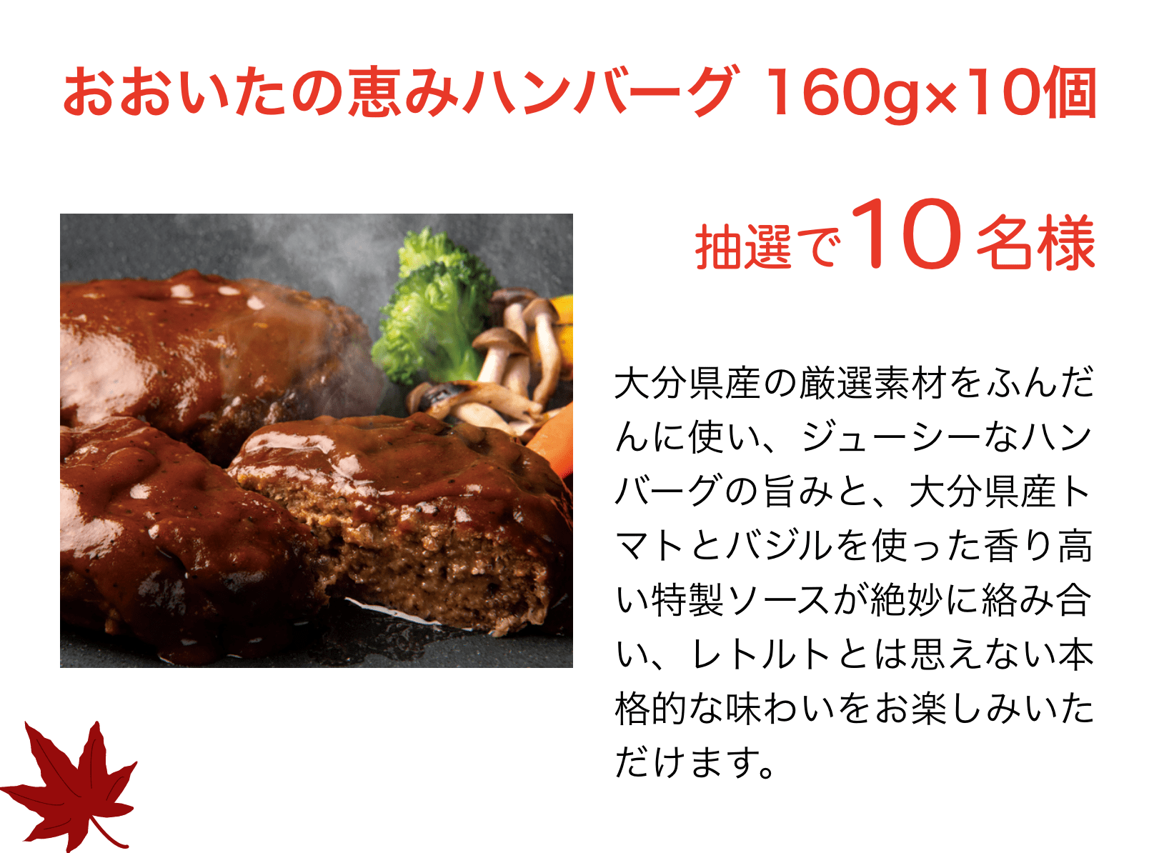おおいたの恵みハンバーグ 160g×10個：大分県産の厳選素材をふんだんに使い、ジューシーなハンバーグの旨みと、大分県産トマトとバジルを使った香り高い特製ソースが絶妙に絡み合い、レトルトとは思えない本格的な味わいをお楽しみいただけます。