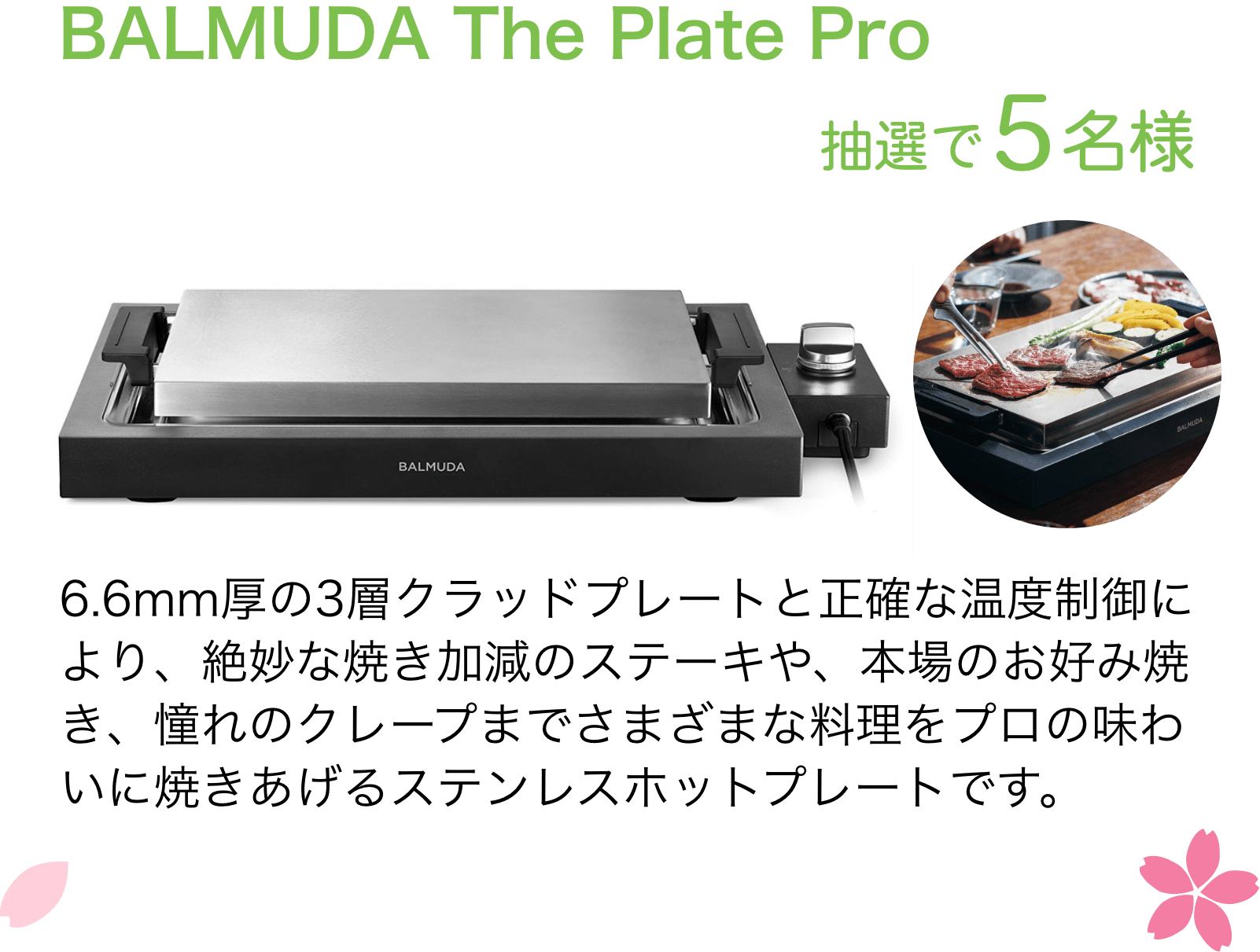 BALMUDA The Plate Pro：6.6mm厚の3層クラッドプレートと正確な温度制御により、絶妙な焼き加減のステーキや、本場のお好み焼き、憧れのクレープまでさまざまな料理をプロの味わいに焼きあげるステンレスホットプレートです。