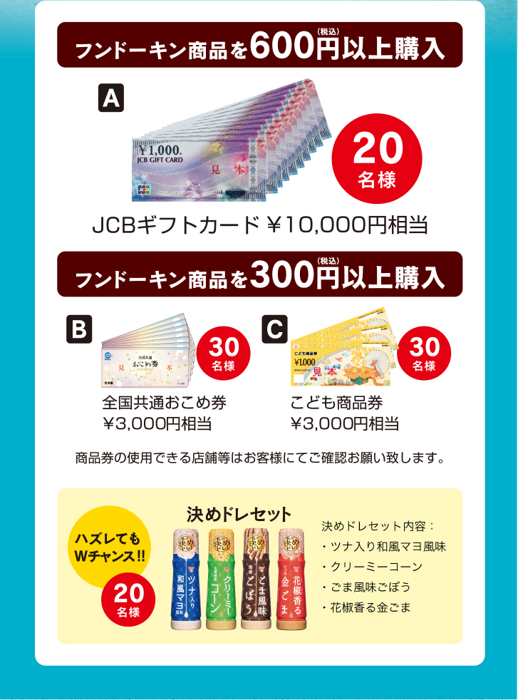 A.JCBギフトカード10,000円分相当　B.全国共通おこめ券3,000円相当　C.こども商品券3,000円相当　Wチャンス決めドレセット