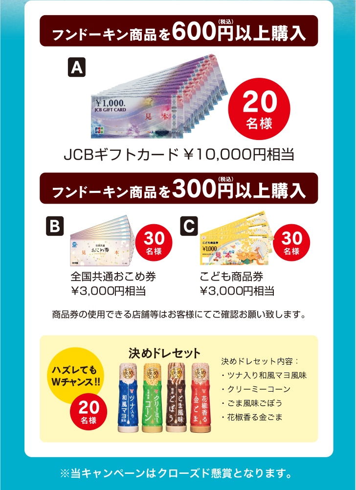 A.JCBギフトカード10,000円分相当　B.全国共通おこめ券3,000円相当　C.こども商品券3,000円相当　Wチャンス決めドレセット