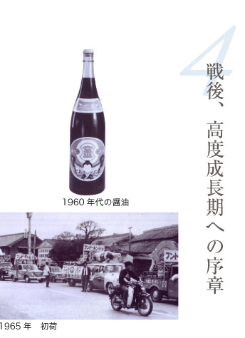 戦後、高度成長期への序章（1960年代の醤油、1965年の初荷の様子、1955年頃の中州の様子）