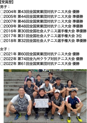 テニス部集合写真・【受賞歴】  男子：2004年 第43回全国実業団対抗テニス大会 優勝、2005年 第44回全国実業団対抗テニス大会 準優勝、2007年 第46回全国実業団対抗テニス大会 準優勝、2009年 第48回全国実業団対抗テニス大会 準優勝、2016年 第30回全国社会人テニス選手権大会 準優勝、2017年 第31回全国社会人テニス選手権大会 3位、2018年 第32回全国社会人テニス選手権大会 準優勝　  女子：2021年 第60回全国実業団対抗テニス大会 優勝、2022年 第74回全九州クラブ対抗テニス大会 優勝、2022年 第61回全国実業団対抗テニス大会 優勝