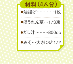 材料４人分（油揚げ１枚。ほうれん草３分の１束。だし汁８００cc。味噌大さじ３と２分の１。