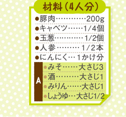 材料４人分（豚肉２００g。キャベツ４分の１。玉葱２分の１。人参２分の１。にんにく１かけ分。［A］みそ大さじ３。酒大さじ１。みりん大さじ１。しょうゆ大さじ２分の１。