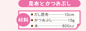 昆布とかつおぶし。材料（だし昆布１０cm。かつおぶし１５kg。水８００cc。）