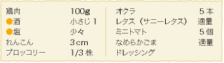 鶏肉：100ｇ、●酒：小さじ1、●塩：少々、れんこん：3ｃｍ、ブロッコリー：1/3株、オクラ：5本、レタス（サニーレタス）：適量、ミニトマト：5個、なめらかごまドレッシング：適量