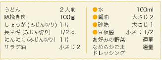 うどん：2人前、豚挽き肉：100ｇ、しょうが(みじん切り)：1片、長ネギ（みじん切り）：1/2本、にんにく（みじん切り）：1片、サラダ油：小さじ2、●水：100ml、●醤油：大さじ2、●砂糖：大さじ1、●豆板醤：小さじ1/2、お好みの野菜：適量、なめらかごまドレッシング：適量