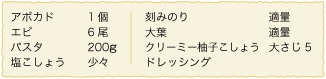 アボカド：1個、エビ：6尾、パスタ：200g、塩こしょう：少々、刻みのり：適量、大葉：適量、クリーミー柚子こしょうドレッシング：大さじ5	