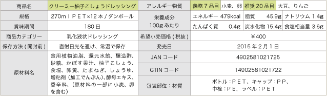 クリーミー柚子こしょうドレッシングの詳細情報