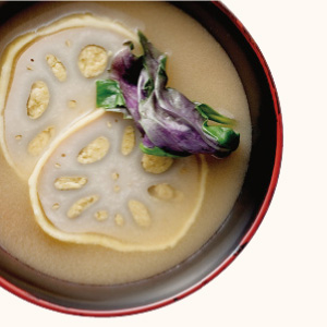 Mustard-stuffed Lotus Root and Okinawan Spinach Miso Soup