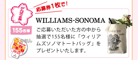 がんばりま賞『WILLIAMS-SNONOMA』ご応募いただいた方の中から抽選で155名様に「ウィリアムズソノマトートバッグ」をプレゼントいたします。