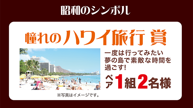 昭和のシンボル「憧れのハワイ旅行賞」一度は行ってみたい夢の島で素敵な時間を過ごす！ペア１組２名様