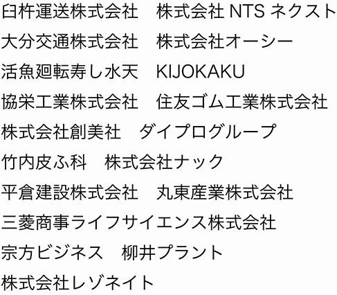 臼杵運送株式会社・株式会社NTSネクスト・大分交通株式会社・株式会社オーシー・活魚廻転寿し水天・KIJOKAKU・協栄工業株式会社・住友ゴム工業株式会社・株式会社創美社・ダイプログループ・竹内皮ふ科・株式会社ナック・平倉建設株式会社・丸東産業株式会社・三菱商事ライフサイエンス株式会社・宗方ビジネス・柳井プラント・株式会社レゾネイト