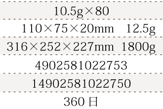 規格10.5g×80、単品サイズ・重量110×75×20mm   12.5g、ケースサイズ・重量316×252×227mm  1800g、JAN4902581022753、ITF/GTIN14902581022750、賞味期間360日