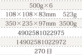 規格500g×6、単品サイズ・重量108×108×83mm    523g、ケースサイズ・重量350×235×97mm  3500g、JAN4902581022975、ITF/GTIN14902581022972、賞味期間180日