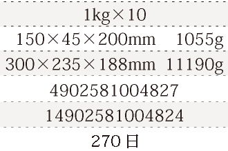 規格1kg×10、単品サイズ・重量150×45×200mm    1055g、ケースサイズ・重量300×235×188mm  11190g、JAN4902581004827、ITF/GTIN14902581004824、賞味期間180日