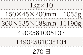 規格1kg×10、単品サイズ・重量150×45×200mm    1055g、ケースサイズ・重量300×235×188mm  11190g、JAN4902581005107、ITF/GTIN14902581005104、賞味期間180日