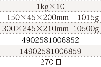 規格1kg×10、単品サイズ・重量150×45×200mm    1015g、ケースサイズ・重量300×245×210mm  10500g、JAN4902581006852、ITF/GTIN14902581006859、賞味期間180日