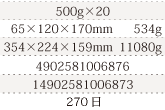 規格500g×20、単品サイズ・重量65×120×170mm      534g、ケースサイズ・重量354×224×159mm  11080g、JAN4902581006876、ITF/GTIN14902581006873、賞味期間180日