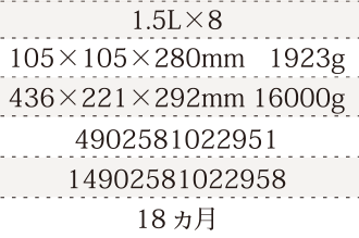 規格1.5L×8、単品サイズ・重量105×105×280mm   1923g、ケースサイズ・重量436×221×292mm 16000g、JAN4902581022951、ITF/GTIN14902581022958、賞味期間18ヵ月