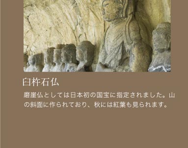 臼杵石仏。磨崖仏としては日本初の国宝に指定されました。山の斜面に作られており、秋には紅葉も見られます。